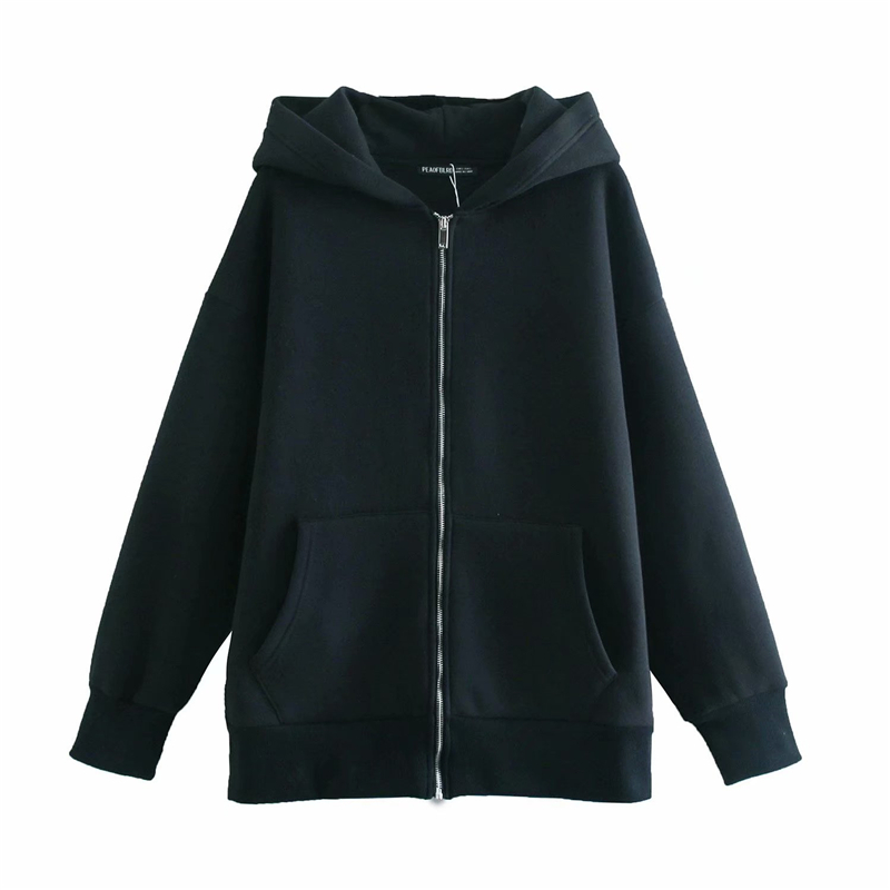 

2021 New Streetwear Solid Hoodies Fashion Cotton Ladies 100% Loose Female Tops Chic Purse Long Zipper with Hood 6MLD, Brown