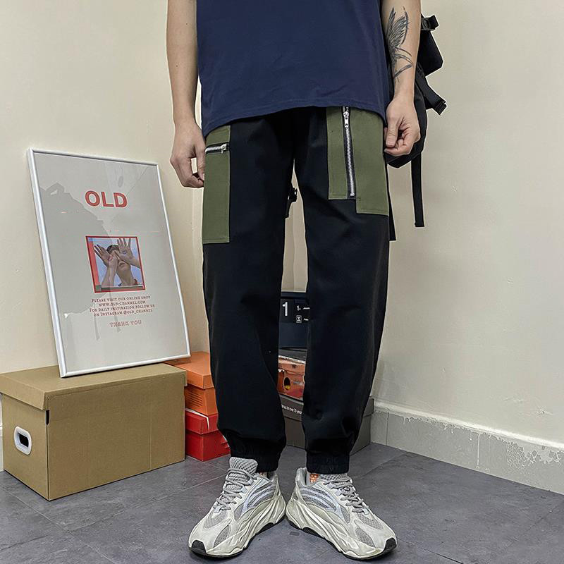 

American new men's couplers multi-pocket cargo pants with leg bunching pants satin cotton fabric with wide legs and leg bunching, Green