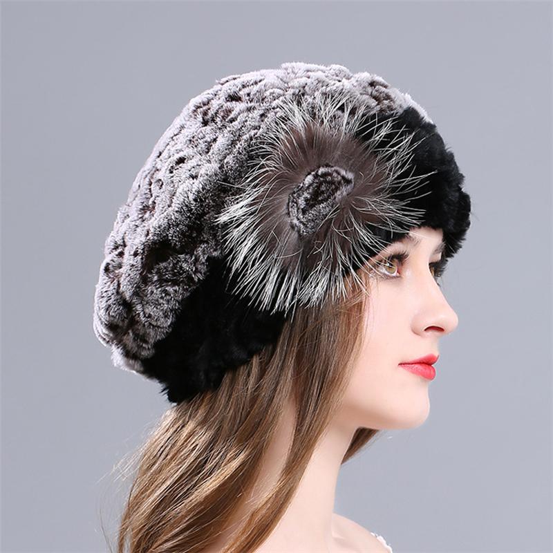 

New Arrival Lady Beret Caps Knitted Warm Real Rex Fur Beanies Hats For Women Thick Winter Rex Real Fur Cap