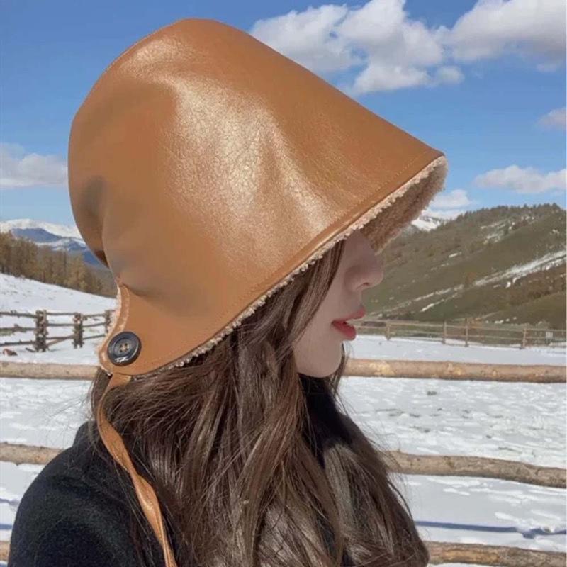 

PU Leather Bucket Hat Double-sided Fisherman Hat Female Tide Korean Wild Autumn Winter Lamb Basin Cap Plush Bucket, Black