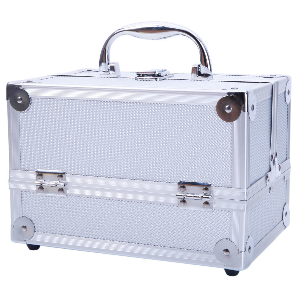 

Aluminum Make up Cosmetics Case Makeup Box Lockable Handle Cosmetic Train Jewelry Organizer Tray with Mirror Free Shipping, Silver