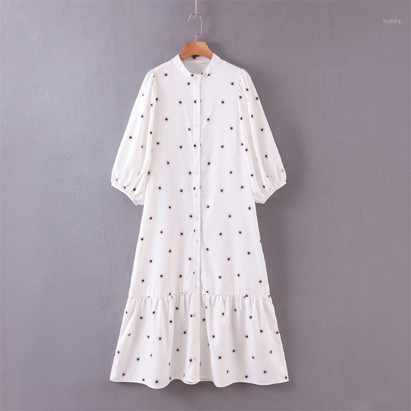

2020 spring and summer women' new fashion temperament round neck bubble short-sleeved embroidery mid-length dress 047860672501, White