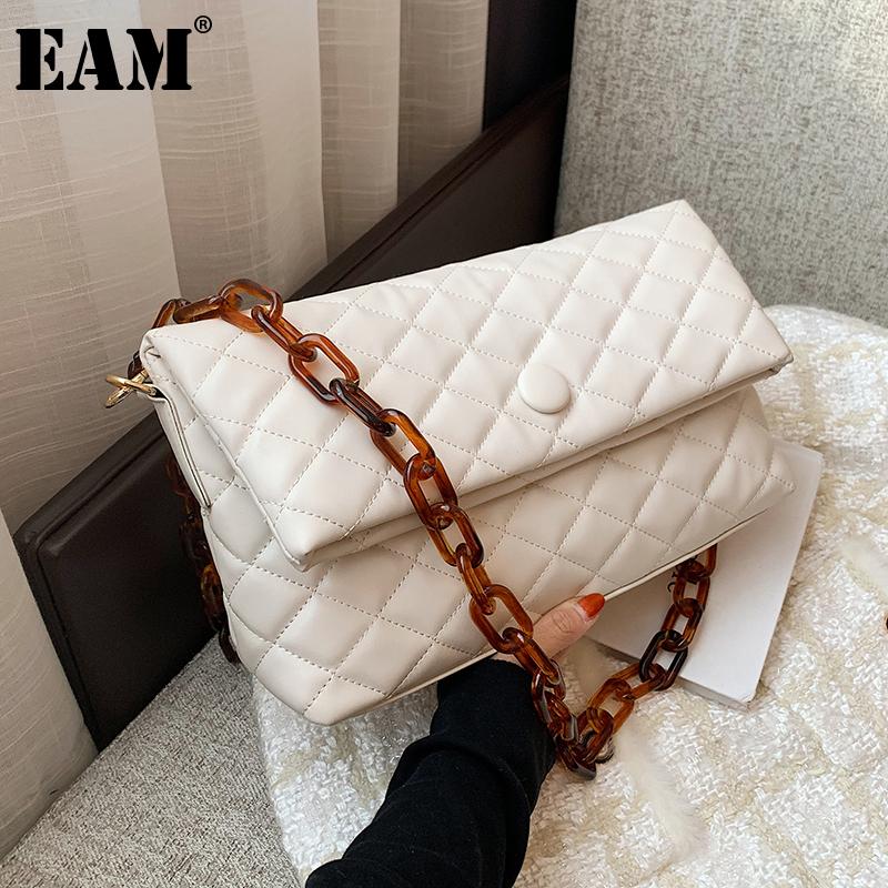 

[EAM] Women New Acrylic Chain Argyle PU Leather Flap Personality All-match Crossbody Shoulder Bag Fashion Tide 2021 18A1178, Black