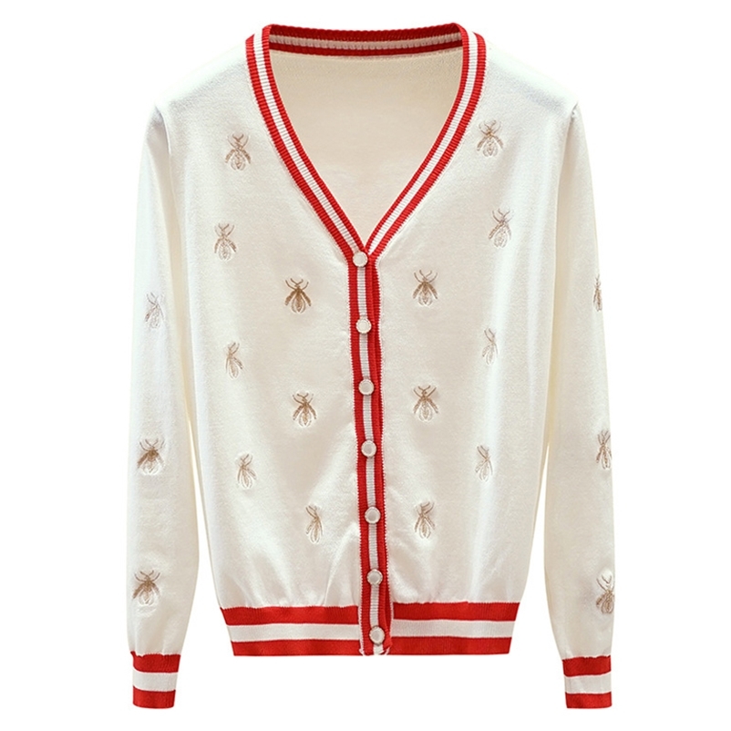 

High Quality Sweater Fashion Designer Bee Embroidery Cardigan Long sleeve Single Breasted Contrast Color Button Knitted Sweaters 201128, White