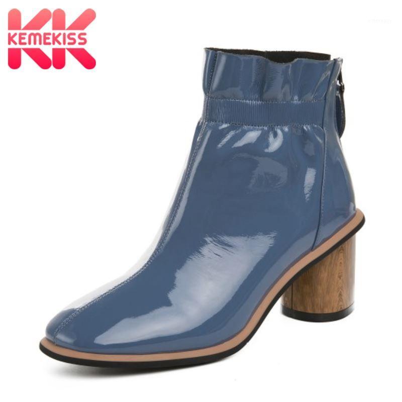 

KemeKiss Women Genuine Leather Ankle Boots Round Toe Thick Heel Zipper Ruffle Fashion Shoes Solid Color Footwear Size 34-391, Black