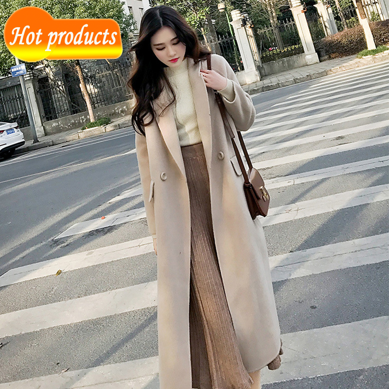 

Hot tailored long winter stylish woman' wool blend turn-down collar outwear female jacket PQJ9, Black