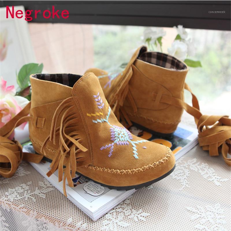 

New Women Ankle Boots Height Increase 3.5CM Tassel Autumn Boot Ladies National Style Comfort Sewing Botines Shoes Woman Footwear1, Black