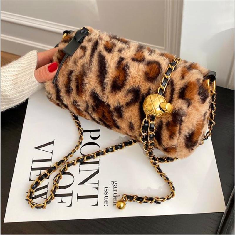 

Leopard Print Furry Cylindrical Crossbody Bags For Women Chain Handbag With Animal Print Fuzzy Bolsos Torebki Borse Da Donna, Khaki