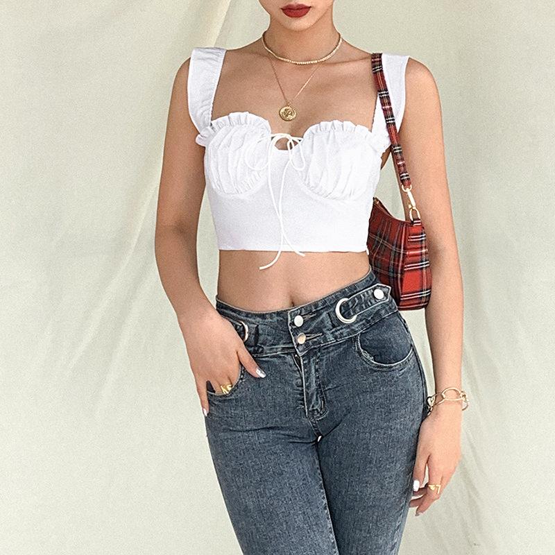 

Women's Tanks & Camis WomenÂ´s Sexy Tank Top Casual Ruffle Front Tie Backless Crop Tops Holiday Travel Work Fashion Solid Bandage Ruched Body, White