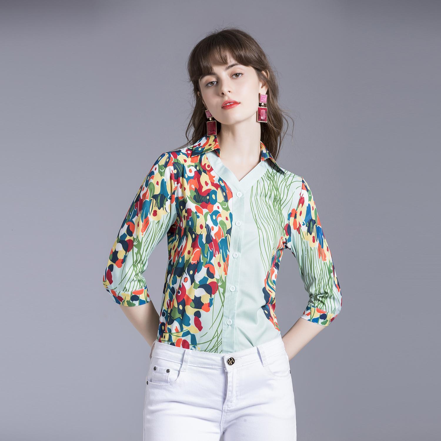 

2021 New Merchall Summer Fashion Runway Blouse Women's 3/4 Sleeve V-neck Ol Top Female Slim Vintage Print Shirts 5axu, The picture color