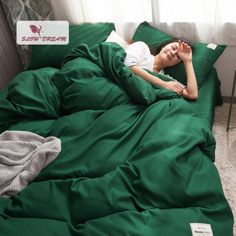 

SlowDream Green Bedding Set Japanese Style Home Decor Classic Duvet Cover+Fitted Sheet+Pillowcase Bed Linen Set Adult Bedclothes