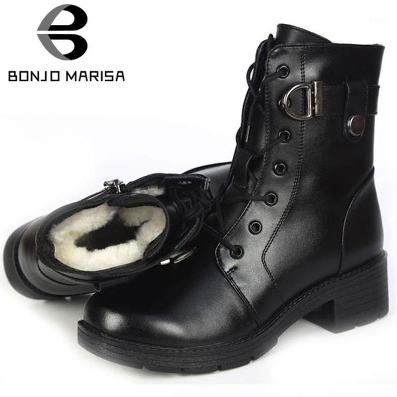

BONJOMARISA female brand short plush lace up med heel boots buckle warm coozy boots women fashion classic shoes woman1, Black