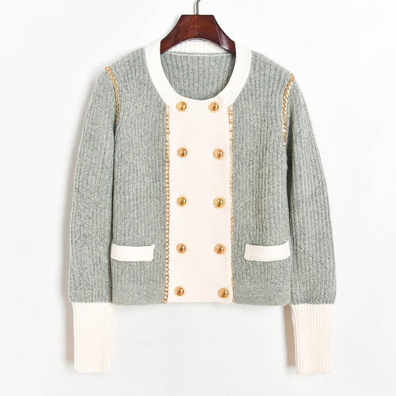 

Autumn Winter Stitching Contrast color Double breasted Chain Knit Cardigan Sweater Women Long sleeve Casual Knitted Coat Female, Grey