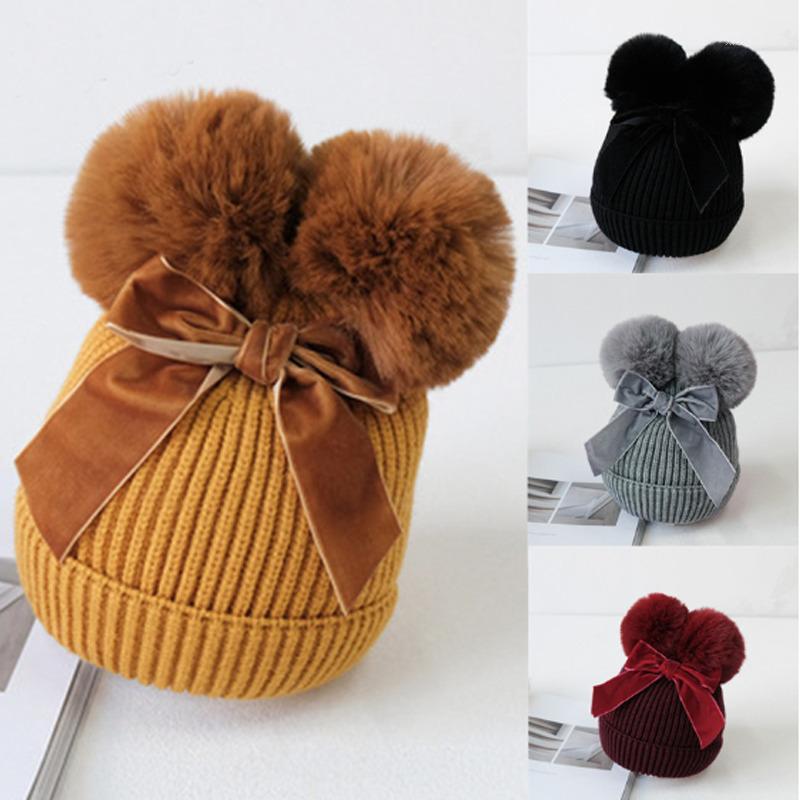 

Cute Baby Double Pompom Bow Hat Winter Knitted Warm Thicker Infant Beanie Cap Bonnet 2-6Y1, Black