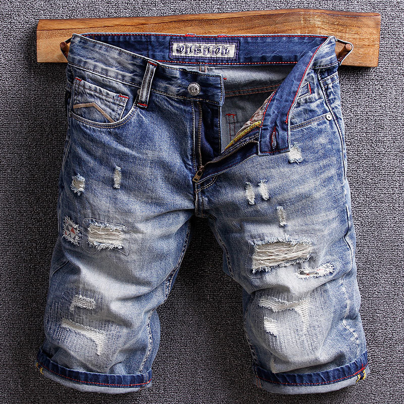 

2021 New Summer Newly Designer Blue Color Destroyed Ripped Denim Shorts Men Patchwork Fashion Hip Hop Short Homme Zy8e, Retro blue
