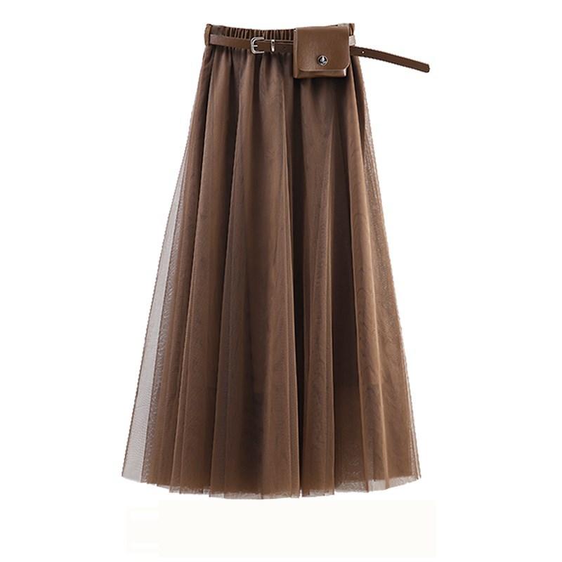 

Pleated Skirt Chiffon Lace-Up Belt With Small Bag 2020 Summer Korean Young-Style Mid-Calf Lady Skirt Women, Black
