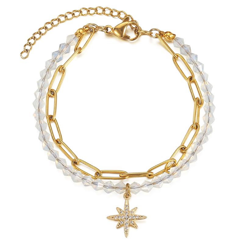 

Double Layered Charm Bracelet For Women Girls White Beads Faceted CZ Snowflake Paperclip Chain Minimalist Dainty Jewelry DB309