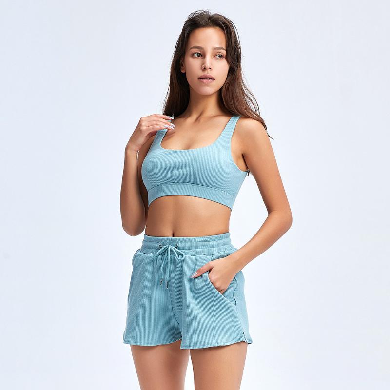 

2 Pcs/set Shorts Suits Women Loose Short Sleeve Gym Yoga Set Sports Bra High Waist Drawstring Shorts Running Workout Suits, Black