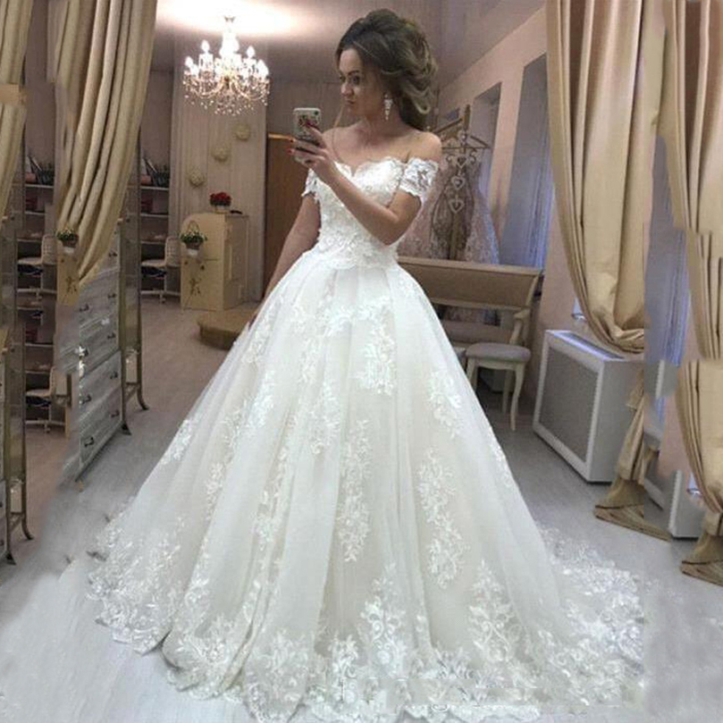 

Custom Made Off Shoulder A Line Lace Wedding Dresses with Appliques Cap Sleeves Tulle Sweep Train Plus Size Bridal Gowns, Ivory