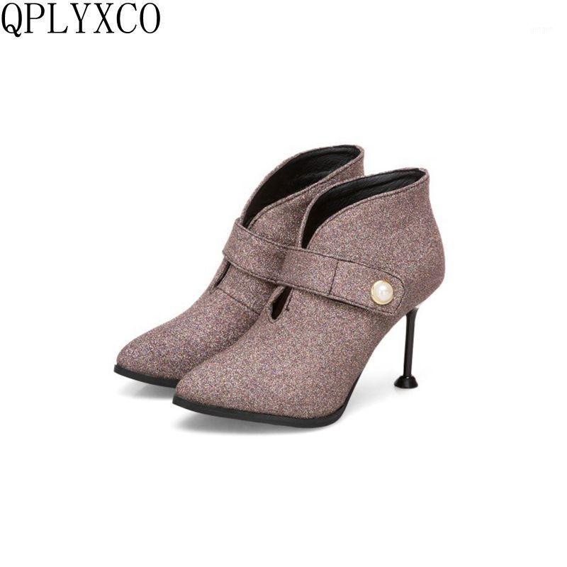 

QPLYXCO Ankle Boots Big & Small Size 31-50 Autumn winter Women short Boots High heels quality pumps wedding shoes Woman T0571, Gold