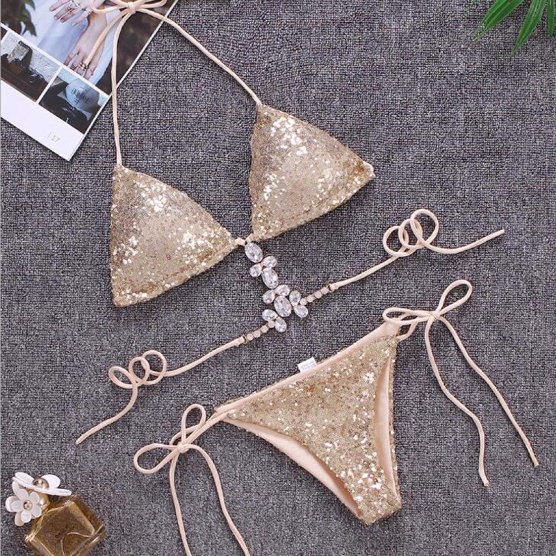 

Sexy Sequined Bandage Split Bikini Swimsuit for Women SizeXL
