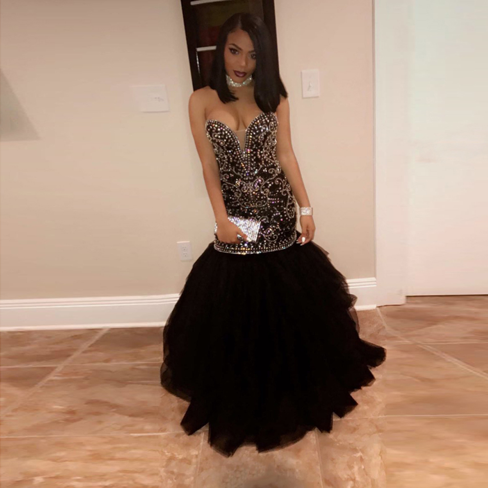 

2021 New Sparkly Crystal Beading Mermaid Gown Dear Tulle Gold Dress at Night Dressed in Black Girl Prom 97B9