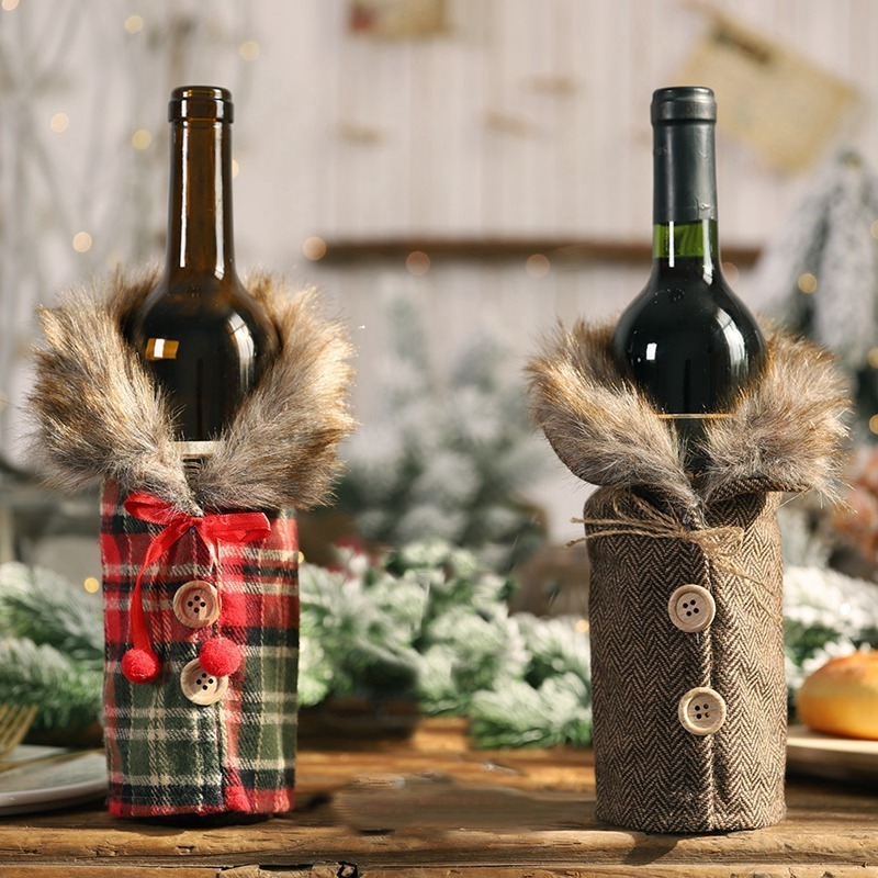

New Christmas Plush Wine Bottle Bags Button Plaid Wine Bottle Cover Christmas Gift Bag Home Decoration Wholesale
