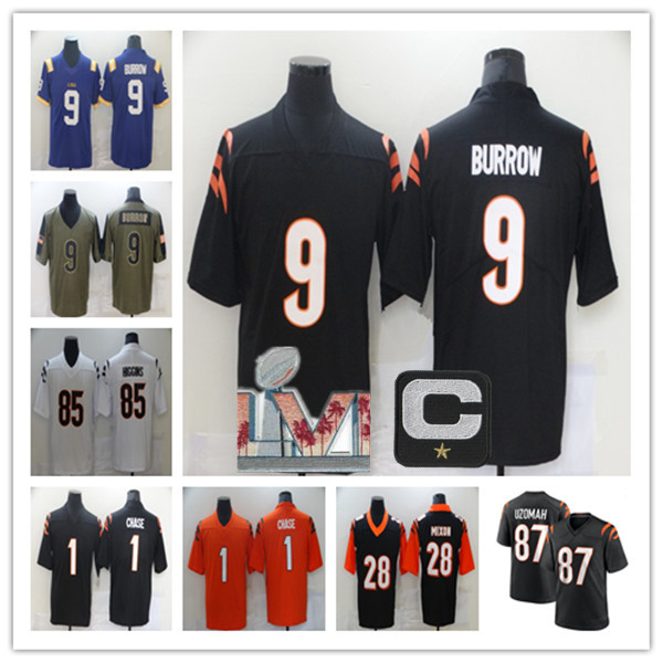 

Man Joe Burrow Super Bowls LVI Jersey Football 1 Ja'Marr Chase 28 Joe Mixon 85 Tee Higgins 87 C.J. Uzomah 55 Logan Wilson Tyler Boyd Sam Hubbard Stitched White Black Orange, As pic