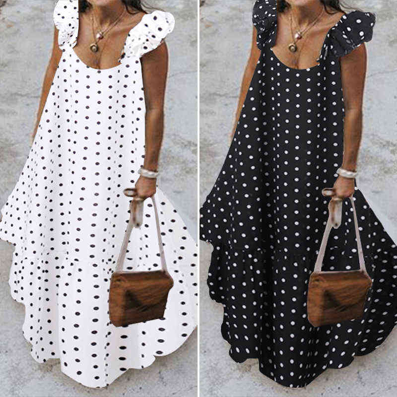 

ZANZEA 2021 Summer Leopard Sundress Women Bohemian Polka Printed Maxi Dress Casual Female Sleeveless Robe Long Ruffles Vestidos G1223, Black
