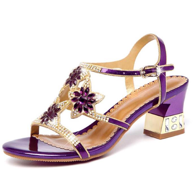 

Fashion Sandals Female New Summer high-heeled women's sandals one word buckle rhinestone thick with fish mouth Women shoes q57, Blue