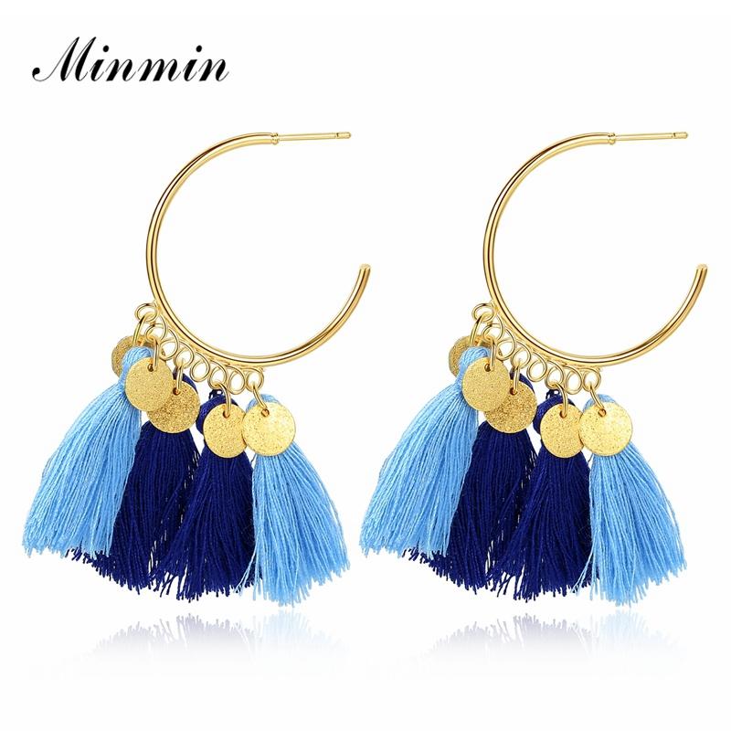 

Minmin Bohemia Tassel Earrings Colorful Cotton Metal Accessories Long Dangle Earrings for Women Ethnic Fashion Jewelry MEH1159