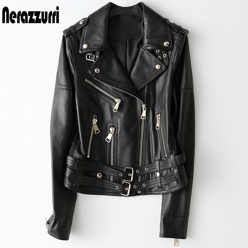 

Nerazzurri Short black leather biker jacket women long sleeve zipper Autumn light soft plus size clothing for women 6xl 7xl 210201