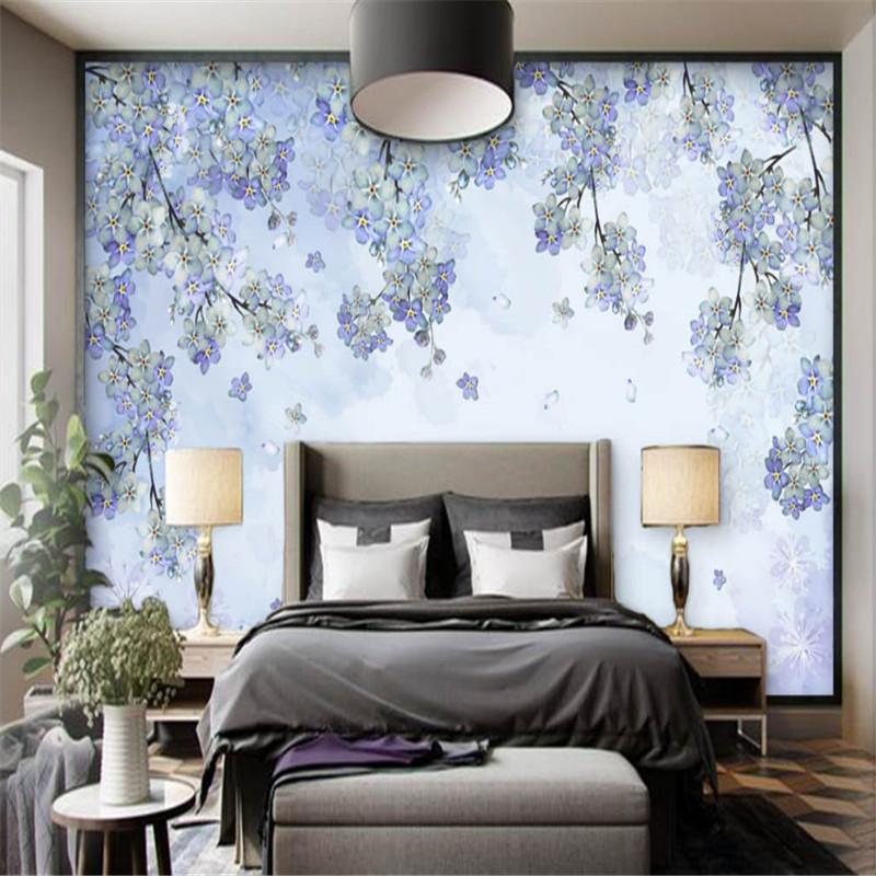 

customize any size 3d photo wallpaper 3d mural wallpaper hand-painted watercolor purple flowers vines background wall home decor, As pic