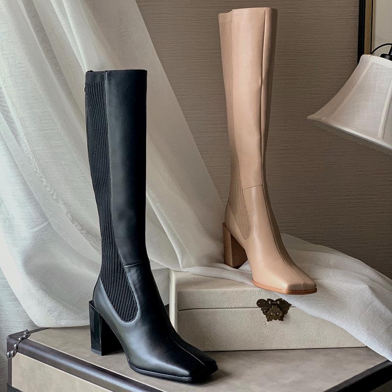 

Bright2021 Knitted High-heeled with Stitching, Square Head Thin Boots, Thi Heel and Ba Zipper Elastic Boots, Apricot