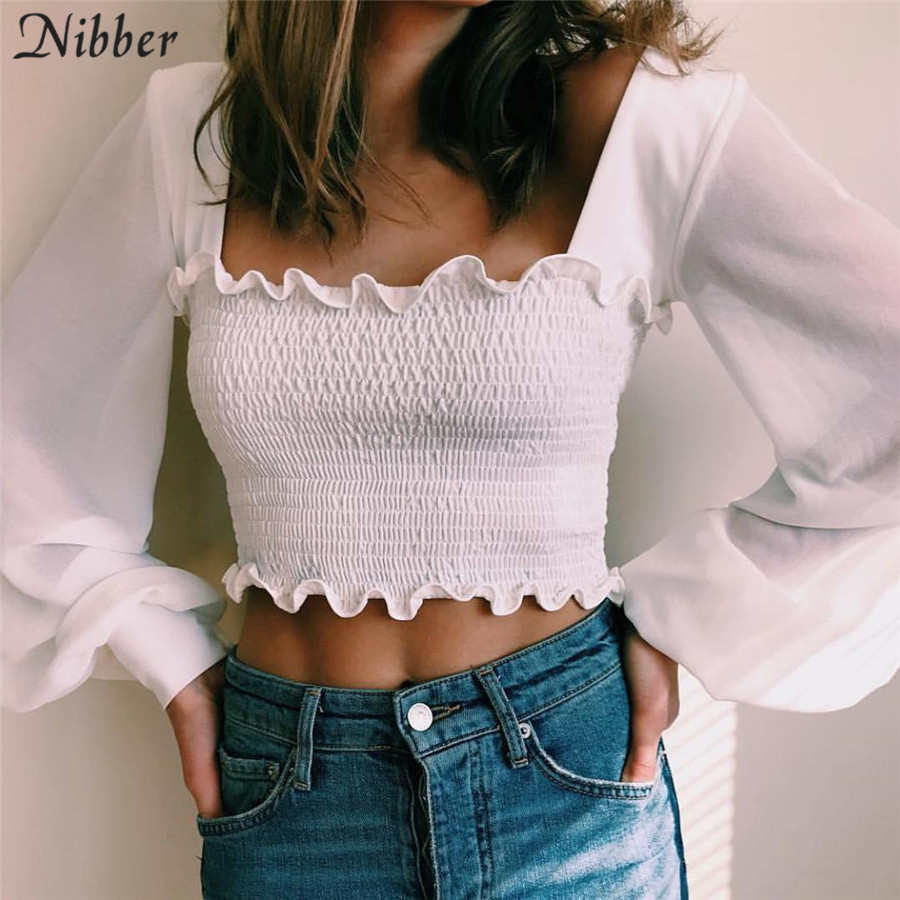 

Nibber French romance Ruffles see-through tops women T-shirts2019spring summer Elegant ladies white black stretch Slim teeshirts Y200412