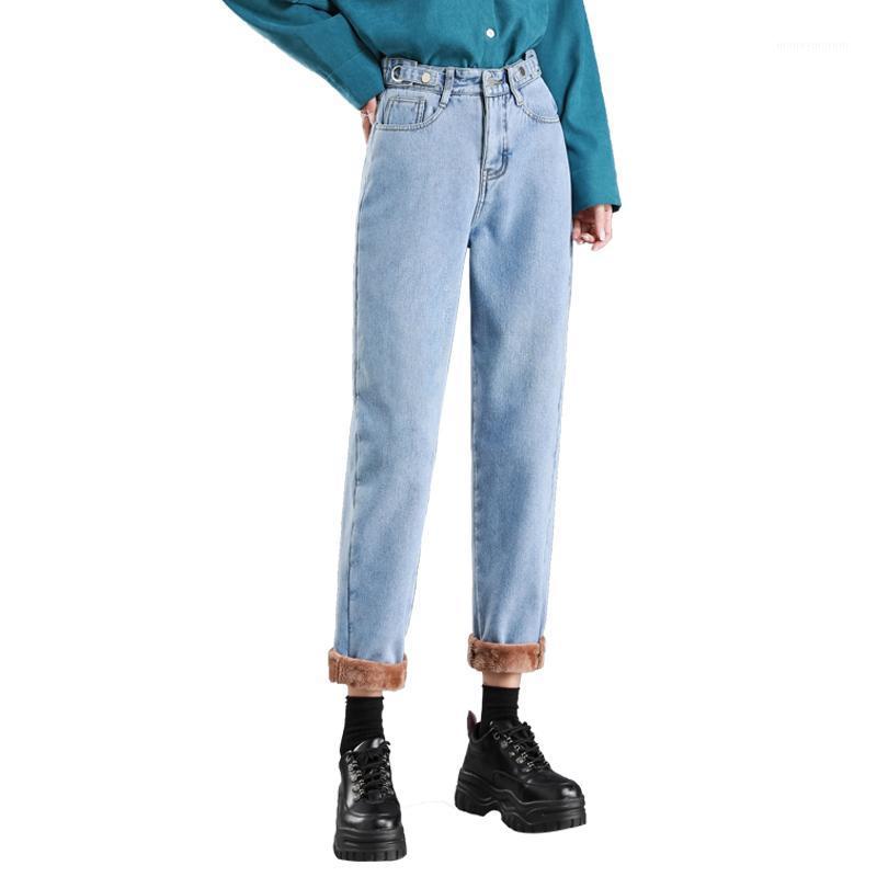 

2021 Sexy Winter Thicken Harem Pants Fashion Women Jeans High Waist Fleeces Denim Trousers Plus Size Solid Warm Jean Pant P95621, Blue