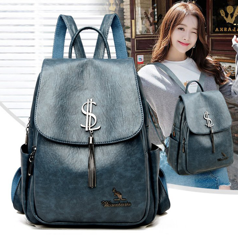 

2021 New Women Backpack Designer High Quality Leather School Bags Large Capacity Travel Backpacks Mochila Female Bagpack Q1129, Dark blue