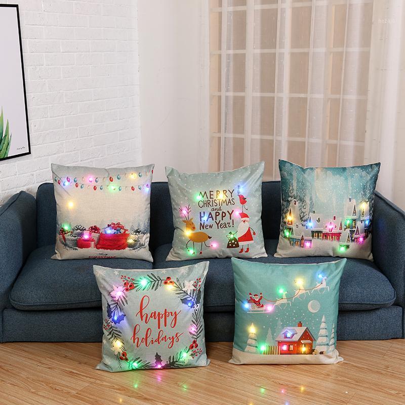 

New Christmas LED Light Cushion Cover Elk And Santa Claus Letter Cute Pillow Cover Office Car Sofa Decorative Pillows 45Cm*45Cm1, Sky blue