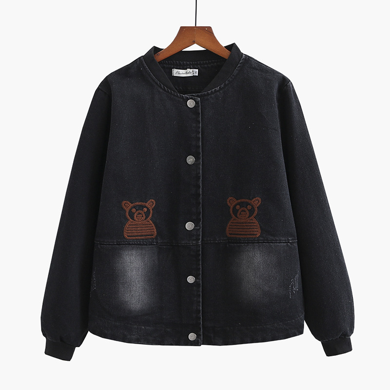 

Female Size Plus Xl-3xl Black Embroidered Bear Denim Casual Winter Jackets Outerwear 2ubp