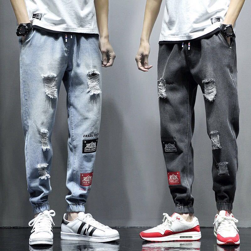 

Men' Fashion Torn Drawstring Denim Pants Blue Sweatpants Elastic Waistband Men Jeans Qqyg, Black