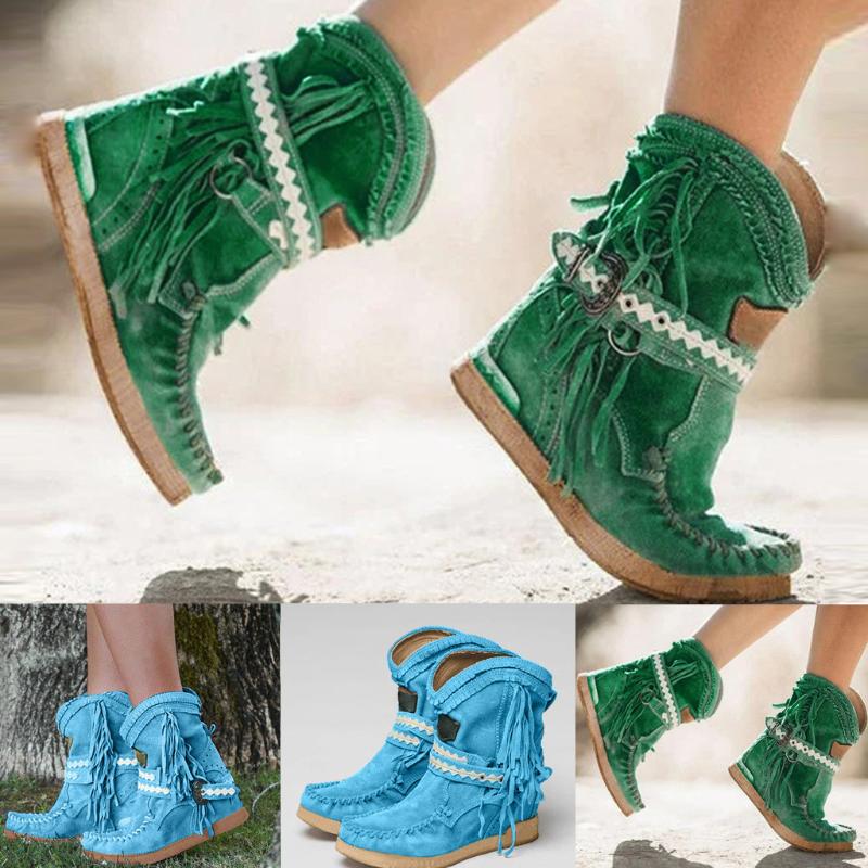 

Winter Bohemian Boots Womens Flats Thick Bottom Shoes Booties Round Toe Retro Fringe Thick Bottom Ankle Boots Green 35-43, Blue