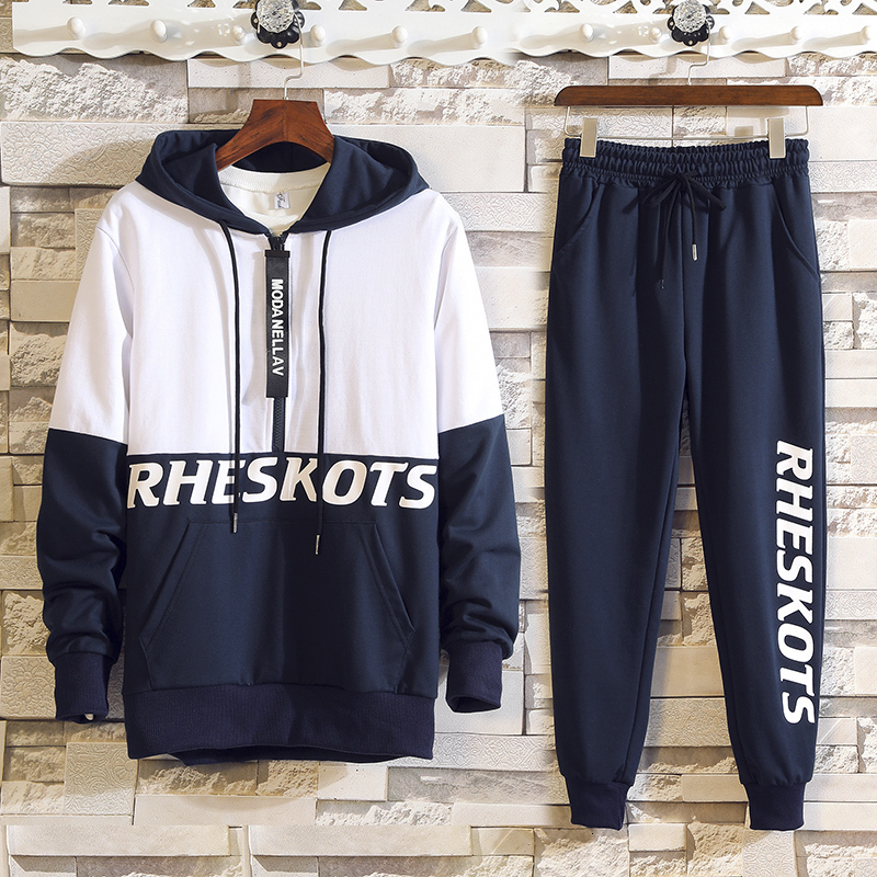 

2021 New Spring Autumn 2pcs Mens Track Suits Casual Full Long Sleeves Letter Hooded Tracksuit + Pant Men's Sets Eu3g, White