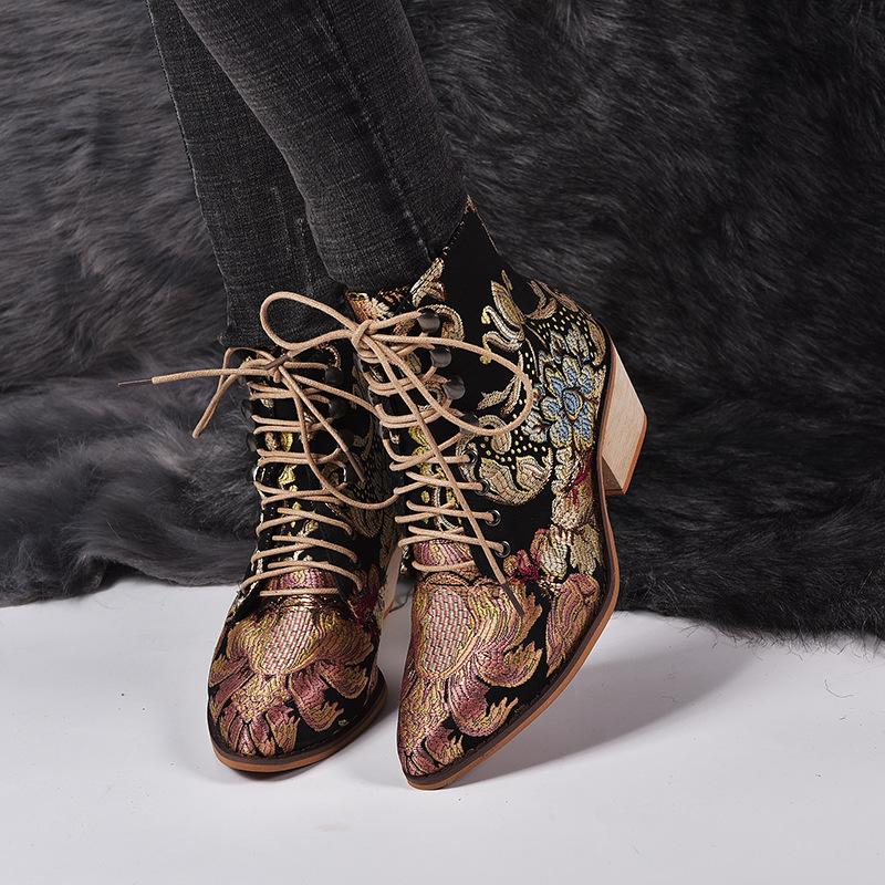 

Bohemian Women Boots Printed Ankle Vintage Motorcycle Booties Ladies Shoes Woman 2020 New Embroider High Heels Boots 35-43, Blue