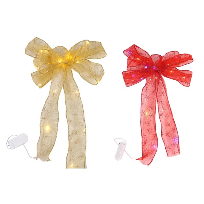 

2Pcs Cross Edge Light Strip, Gift Decoration Ribbon,Copper Led Ribbon,Battery Light,Lace Bow Christmas Tree Top