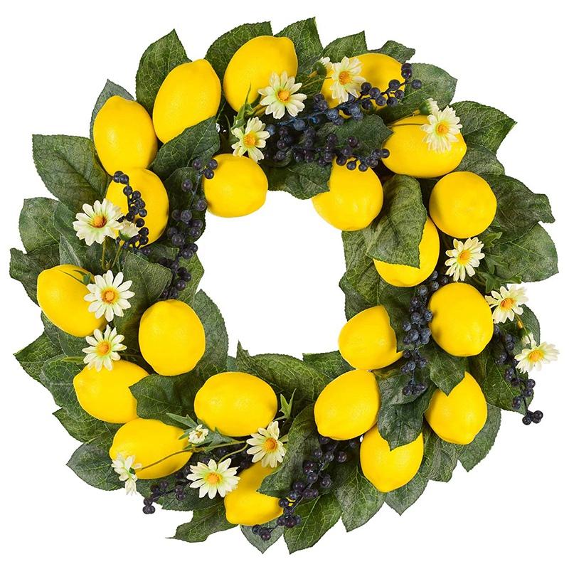 

19.68Inch Spring Fruit Wreath with Artificial Lemons,Blueberry,and Daisy Flower,Decorative Wreath for Door or Wall Dec, Green yellow