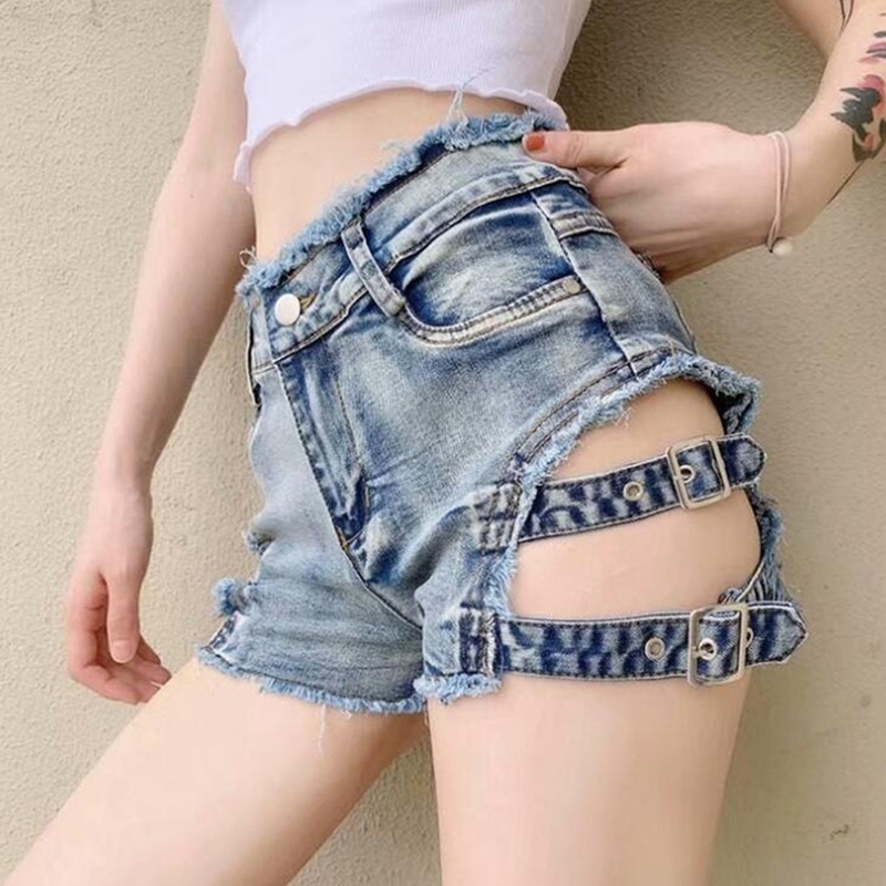 

New Summer Punk Sexy Women Denim Shorts Female Hollow Out Spring Skinny Rock Gothic Mid Waist Jeans Shorts Y200512, White