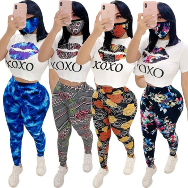 

Women Tracksuits Two Pieces Set Designer 2021 New Slim Fashion Pattern Printed Short Sleeve Round Neck Top Trousers with Mask Sportwear, Yellow flower on black background