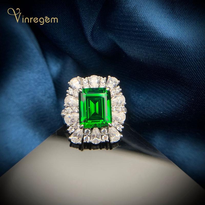 

Cluster Rings Vinregem Luxury 100% 925 Sterling Silver Emerald Cut Moissanite Diamonds Gemstone Wedding Engagement Fine Jewelry, Golden;silver