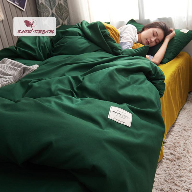 

SlowDream Green Duvet Cover Yellow Flat Sheet Bedding Set Adult Girl Mans Fitted Flat Sheet Corner Elastic Band Bedclothes Cover
