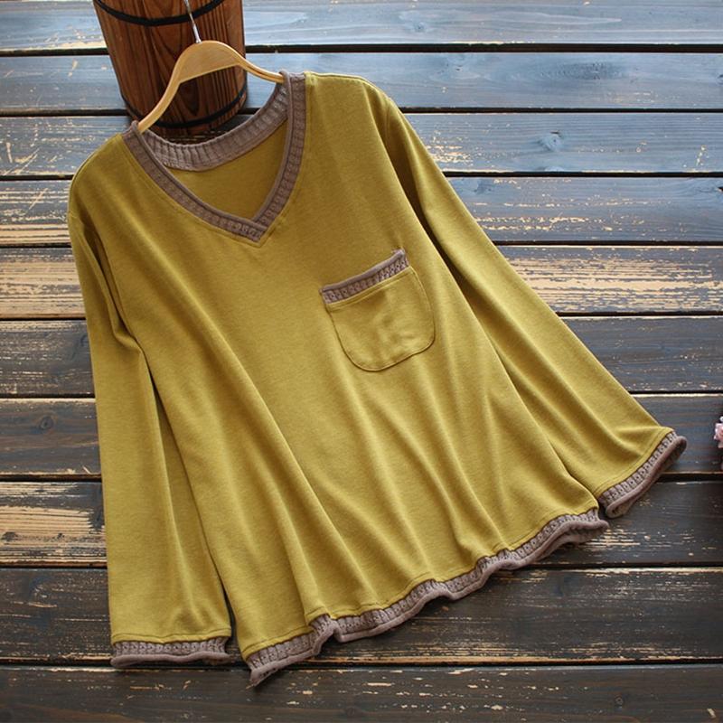 

2020 Autumn Women Blouse Mori Girl Loose V-neck Long Sleeve Cotton Shirts Camisa Mujer Basic Casual Solid Color Tops Blusas, Black